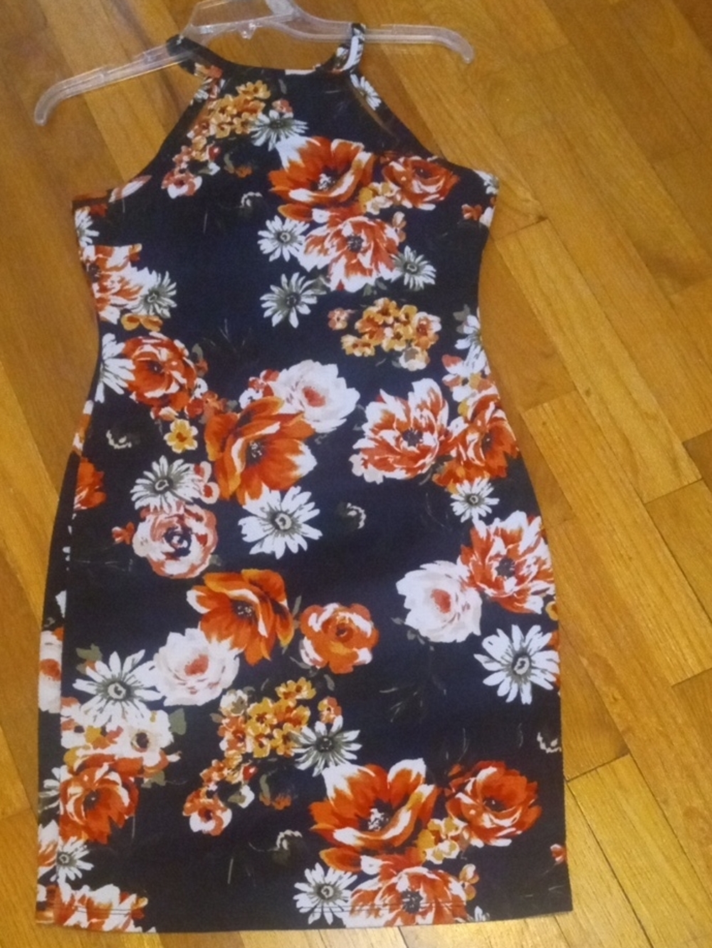 women large black dress orange white flower print, sleeveless